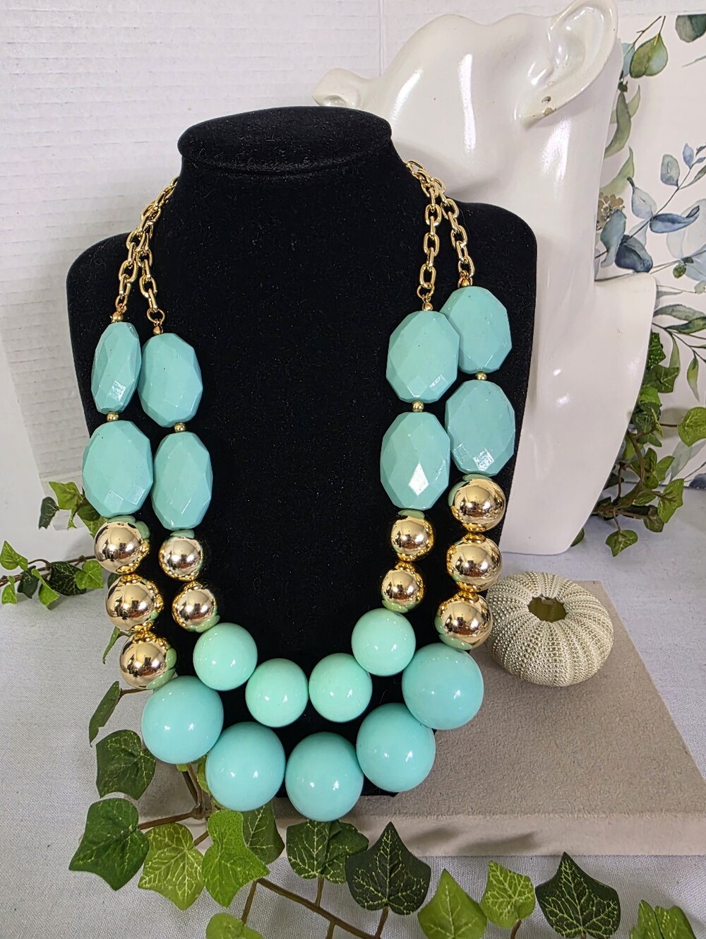 Statement Necklace Turquoise Teal Resin Beaded Gold Tone Layered